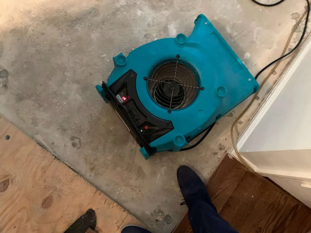 Air mover drying subfloor during Leak Detection & Repair in Grass Valley